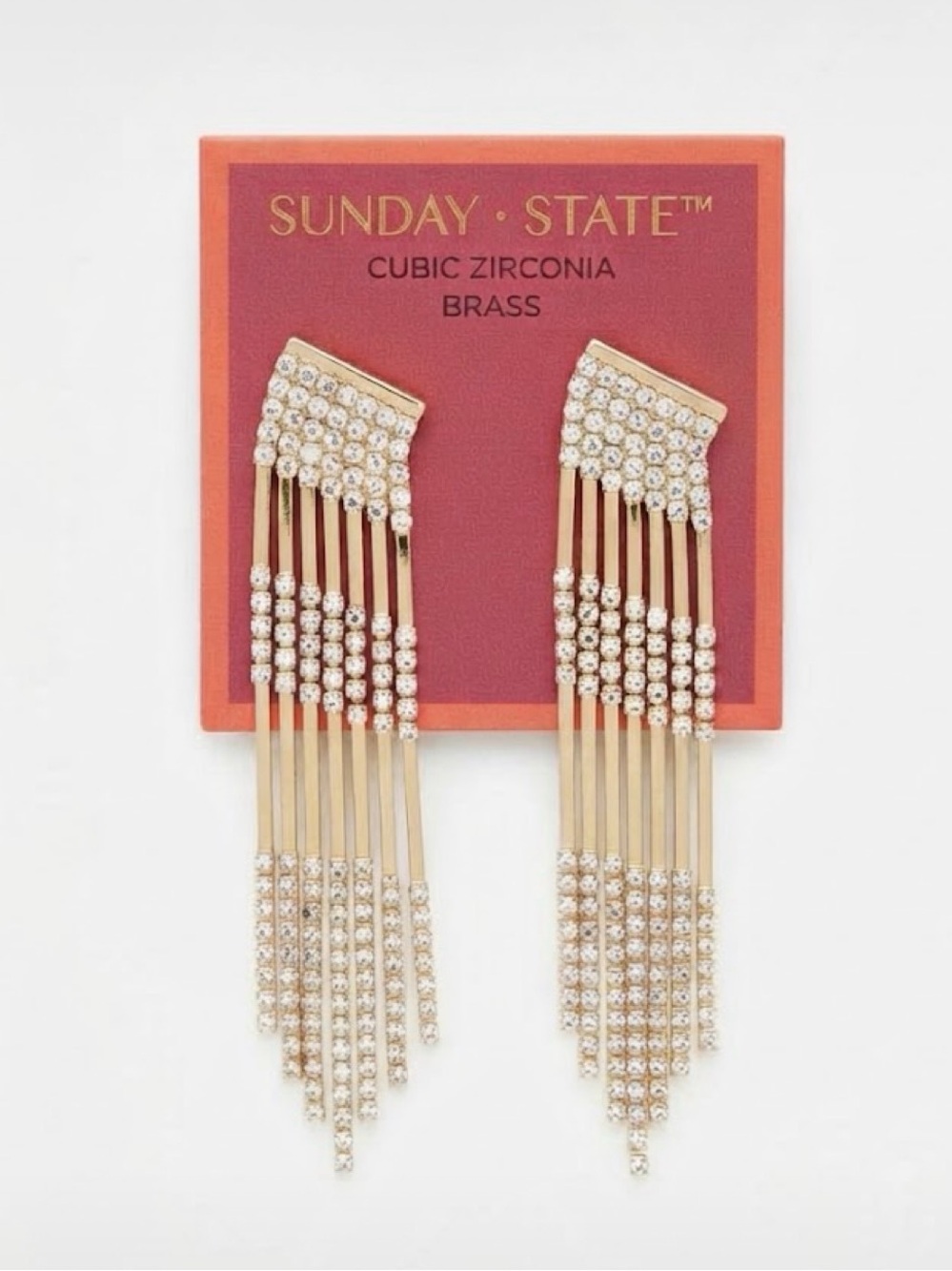 NWT ⚜️💛⚜️ Sunday State Goldtoned Brass Fringe Cubic Zirconia Earrings